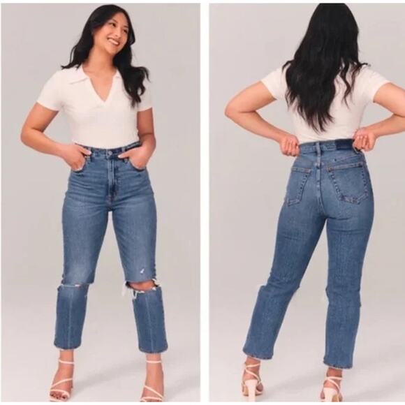 Abercrombie & Fitch Denim - Abercrombie & Fitch The Ankle Straight Jeans Ultra High Rise Knee Rip 26 Short